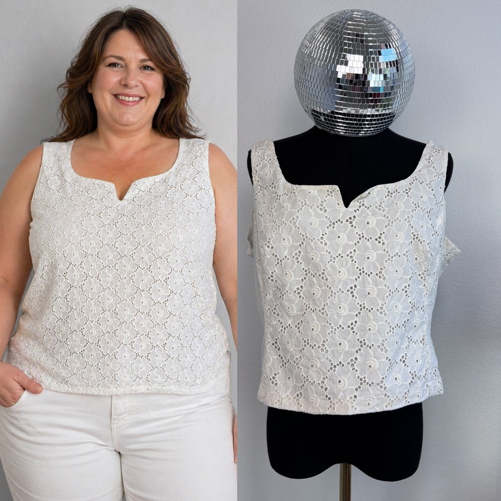 VNTG Jones New York Country White Eyelet Sleeveless Top, Cotton Size 16, Western
